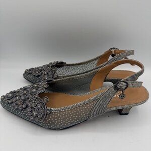 J. Renee Strovanni Slingback Pump Pewter Beaded Rhinestone, Lacy Mesh Silver 7W